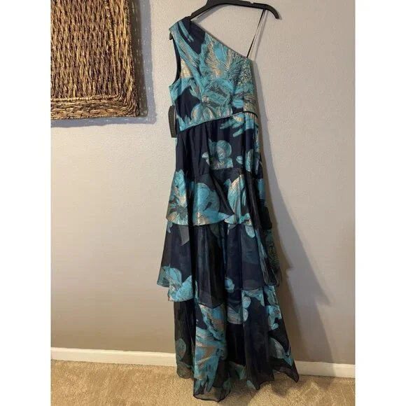 Aidan Mattox Formal Gown 8 Tiered Ruffle A Line Metallic Blue Gold NEW $595 - Picture 4 of 8
